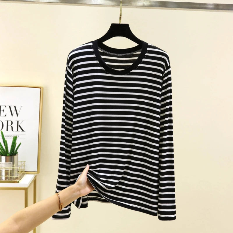 Spring Men Striped T-Shirt Loose and Versatile Sleepwear Round Neck Long Sleeved Top Casual Plus Size Simple Pajamas Homewear