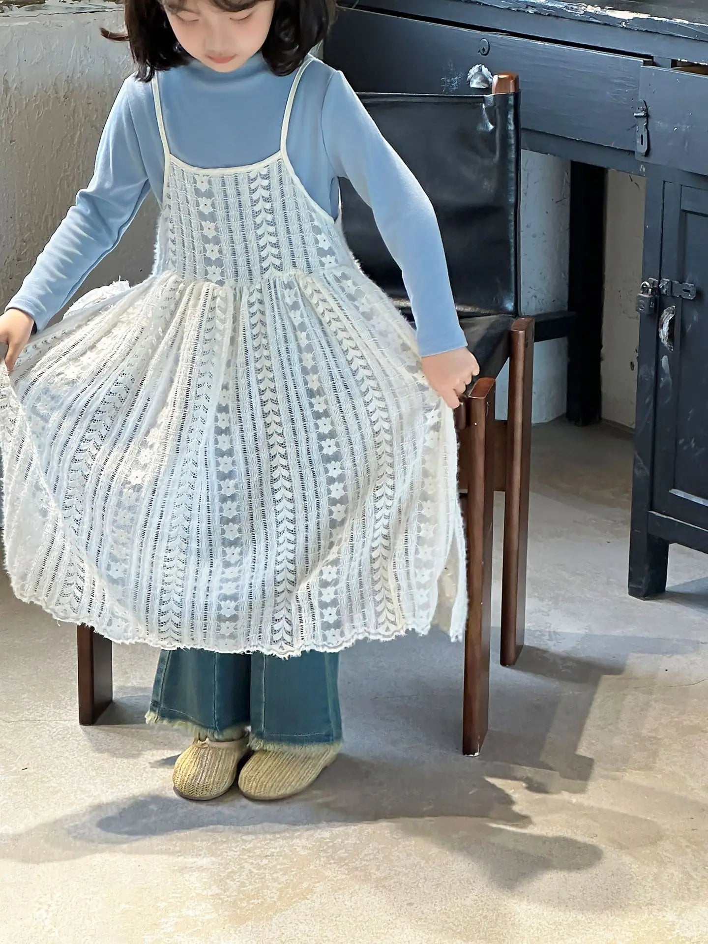 Girl Casual Dresses Autumn Winter Childrens Clothing New Korean 2026 Lace Camisole Skirt Washing Retro Make Old Jeans