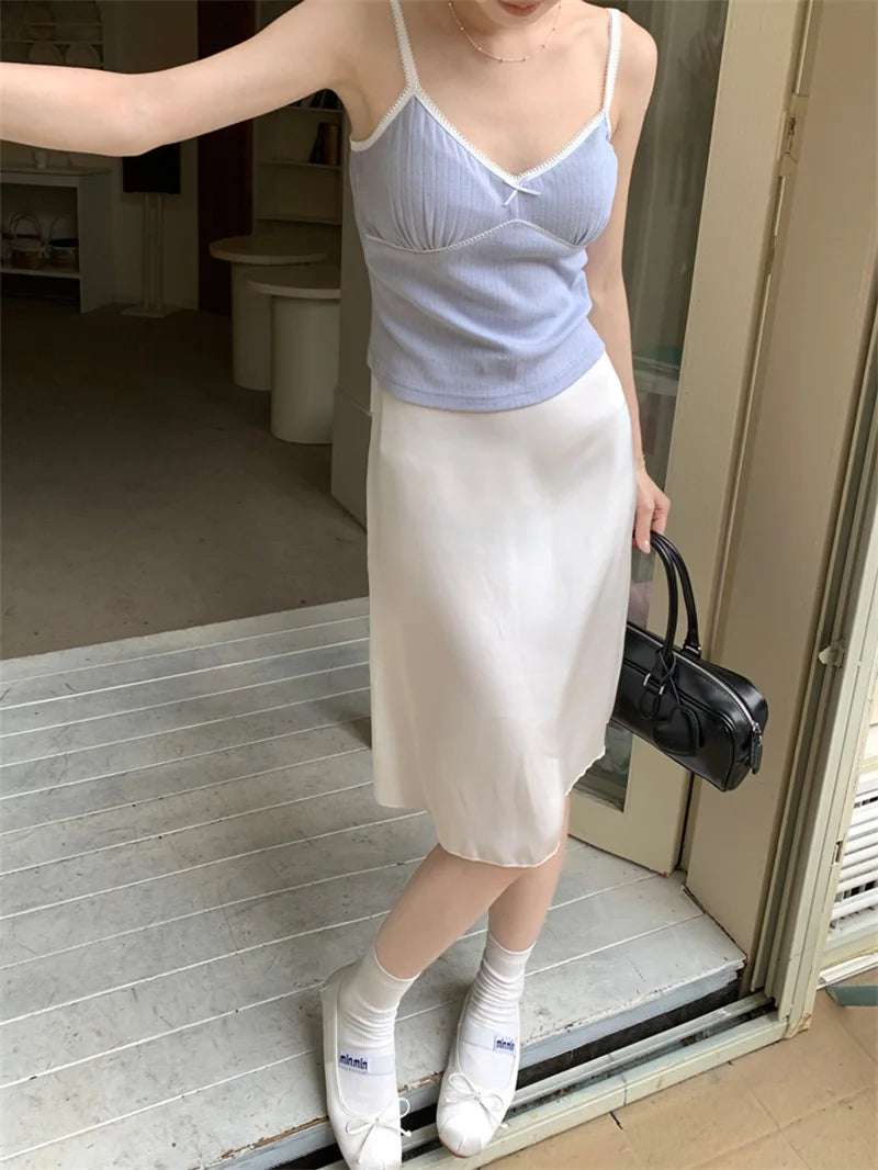 Solid Mermaid Skirts Women American Style Retro Bow Temperament Fashion High Street Slimming Casual All-match Daily Summer Cozy