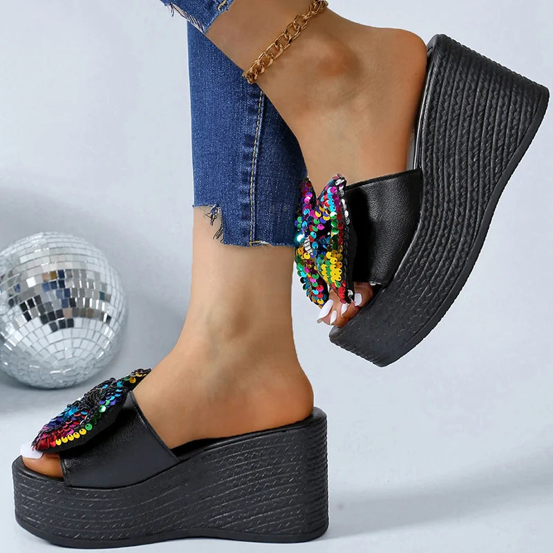 Chunky Platform Colorful Glitter Sandals Women Summer 2025 Super High Heels Big Bowtie Slides Woman Thick Bottom Slippers Shoes