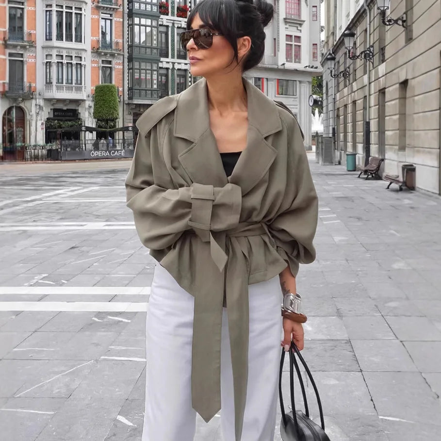Lace Up Jacket For Women Casual Long Sleeve Turn Down Collar Autumn Outerwear