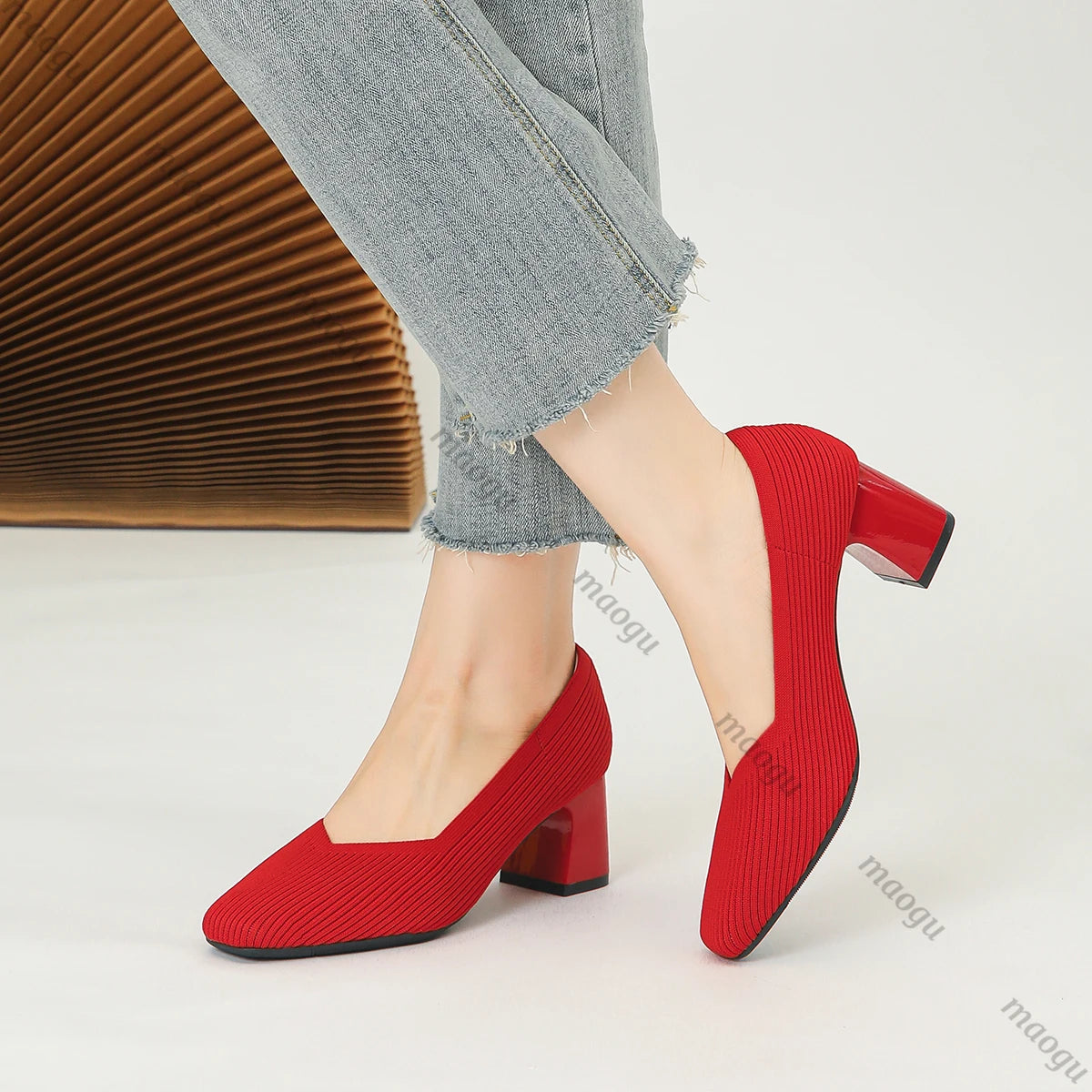 Shoes Woman High Heels Comfortable Square Knitted Breathable Comfortable Women's Flats Shoes (5cm High) 2025 New Collection