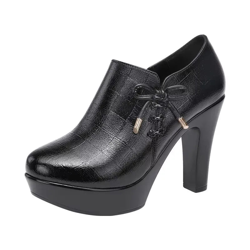 10cm Small Size 32-43 Elegant Black Bow Deep Mouth Thick Bottom Platform Pumps 2026 Winter Block High Heels Shoes Office Model