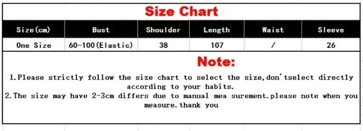 Bazaarhubo chiffon dress size chart showing one-size bust 60–100cm, shoulder 38cm and length 107cm