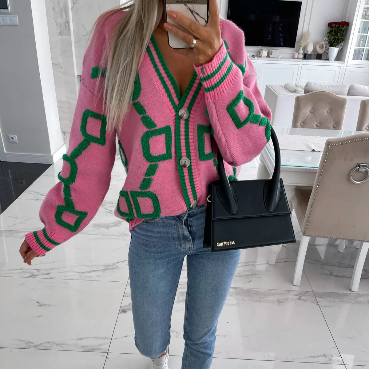 Autumn Winter Jacquard Knitted Coat Women Fashion V-neck Long Sleeve Single Breasted Knitting Cardigan Coats Female Streetwear