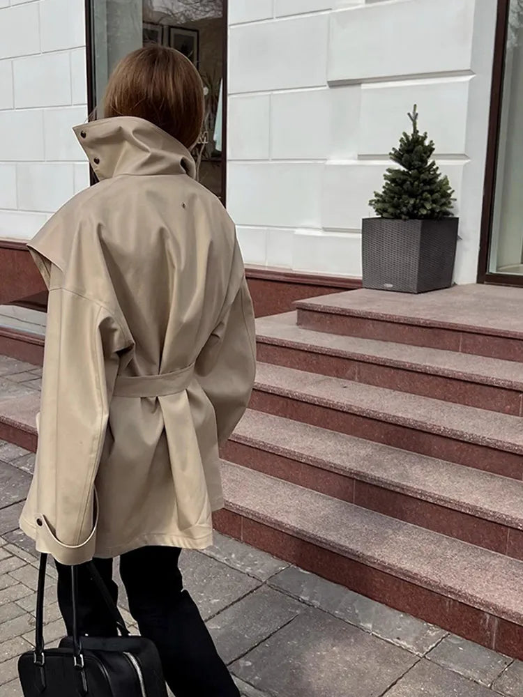 Solid Oversized Tie-waist Cropped Trench Coat Women Drop Shoulder Outerwear 2026 Lady Spring Modern Edgy Fashion Streetwear Coat