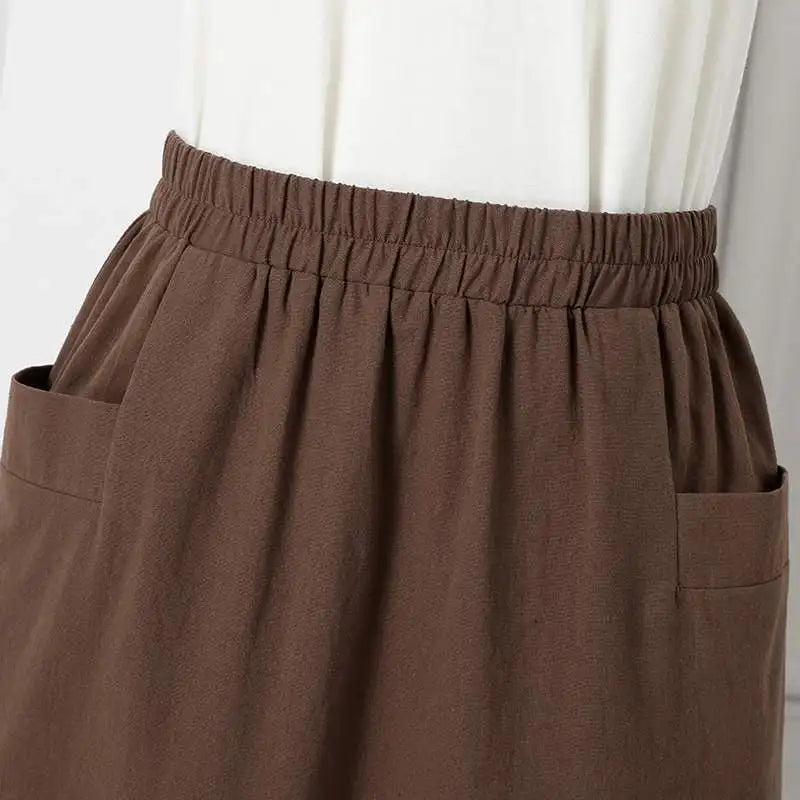 ZANZEA Women A Line Cotton Skirt Elastic Waist Midi Skirt Solid 2024 Summer Korean Side Pockets Falda Saias Casual Holiday Jupe