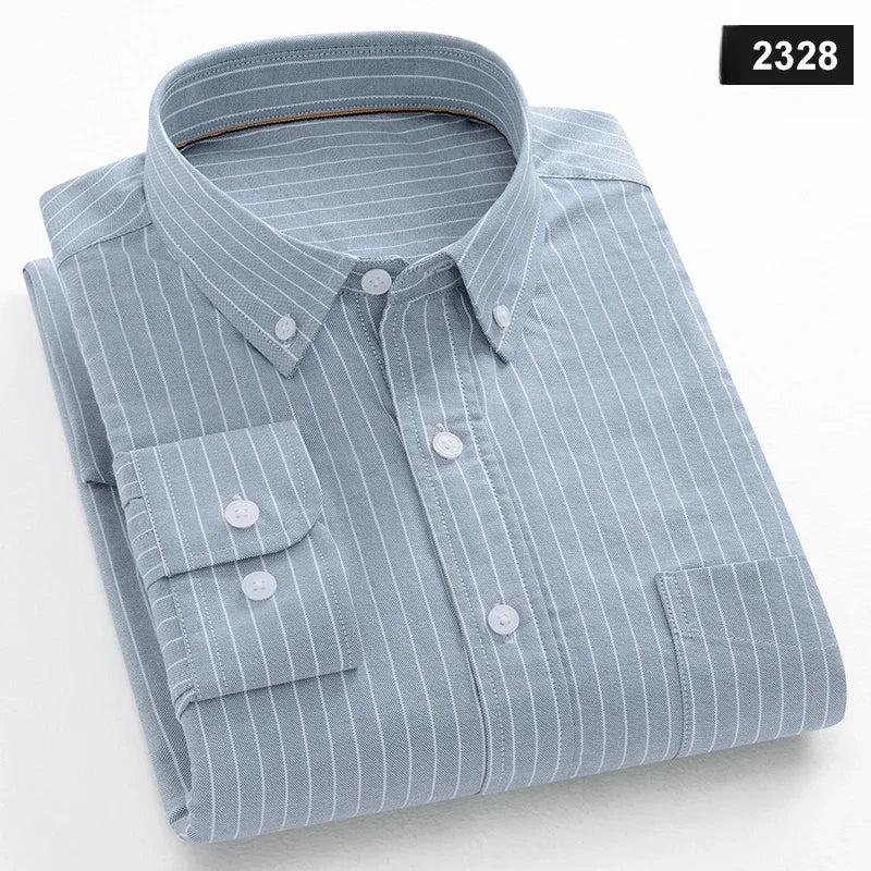 Fashion korean trends casual long-sleeve shirts for men slim fit plain shirt 100%cotton plaid striped tops soft designer clothes