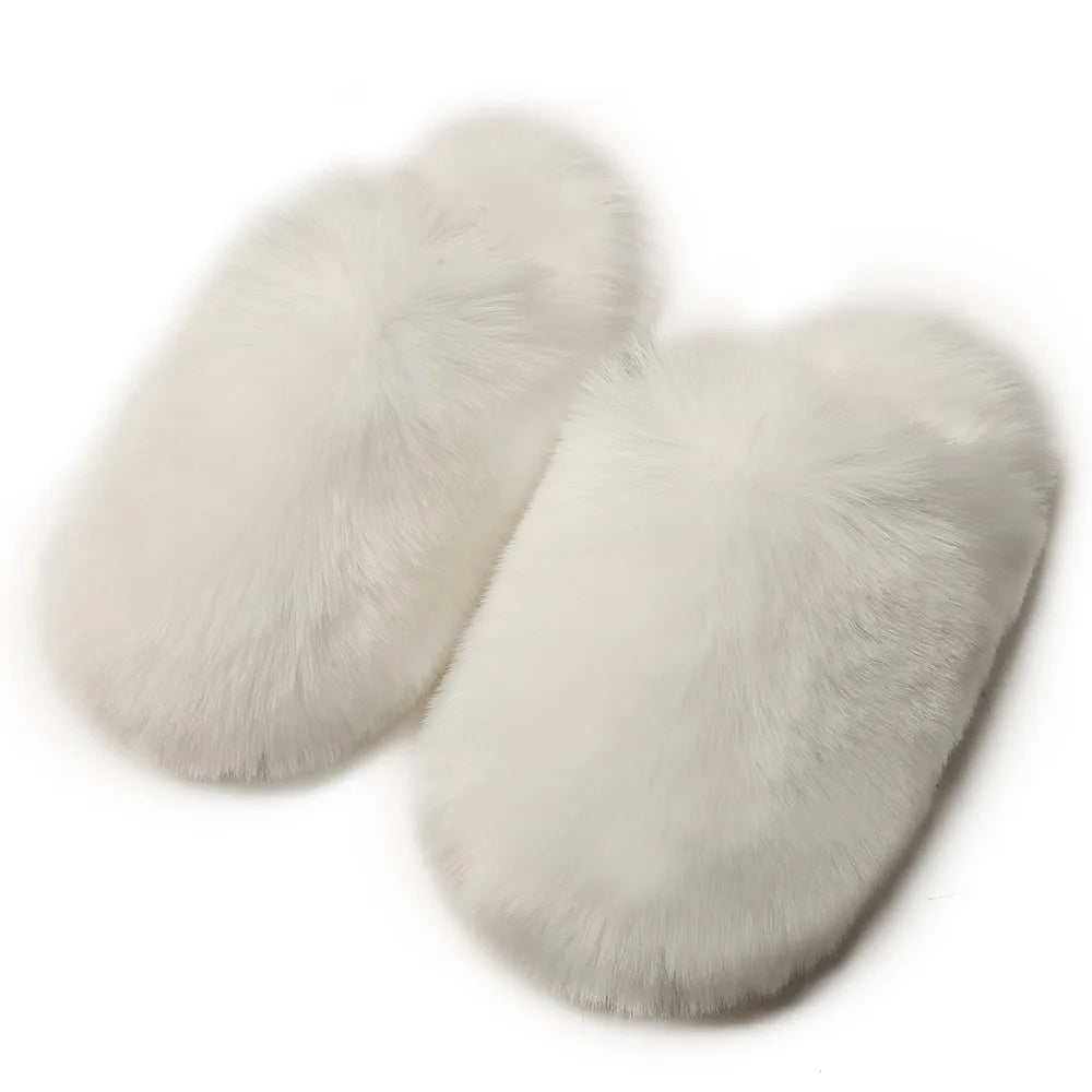 Ladies Winter High Quality Fox Fur Slippers Women Warm Fur Slides Girls Luxury Furry Slippers Soft Comfortable Home Cotton Shoes