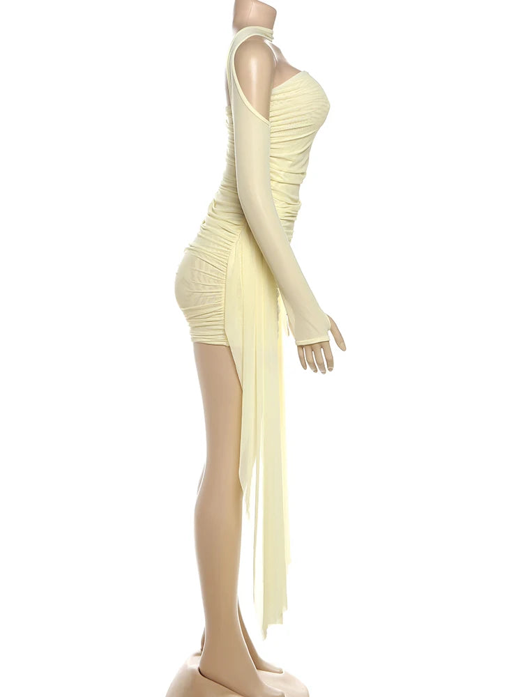 Sisterlinda Mesh Simple Mini Dress Fashion Solid Strapless Ribbons Tassel Body-shaping Vestidos+Seperately Full Sleeve Gloves