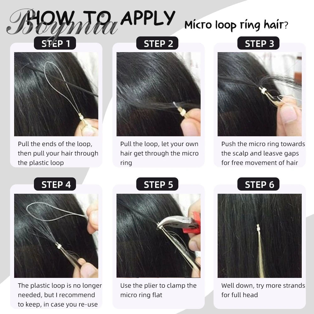 Boymia Micro Loop Human Hair Extensions 12" 16" 20" 24" Natural Straight Hair Rings Micro Link 0.5g/strand