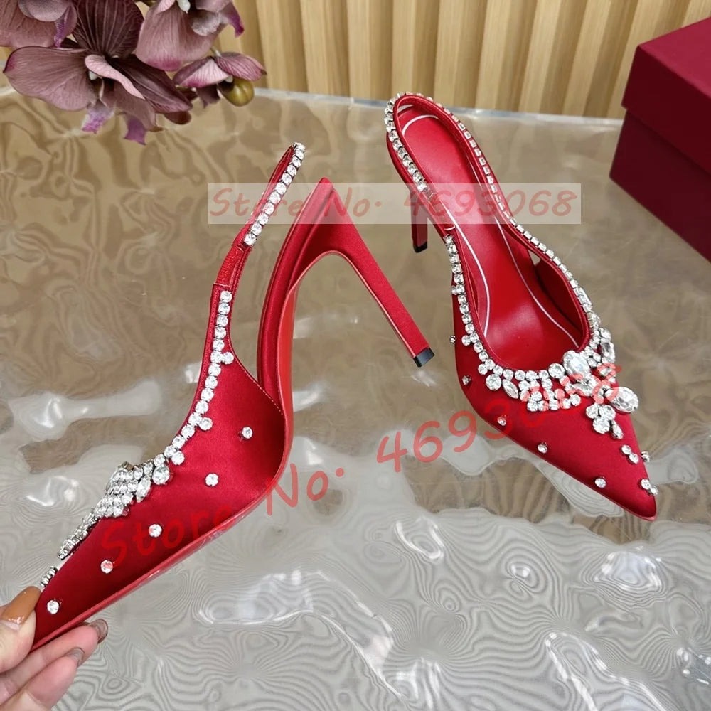 Luxury Crystal Flowers Back Strap Sandals Ladies Trendy Pointy Toe Classy Gems Satin Sandal Women Real Leather Evening Shoes