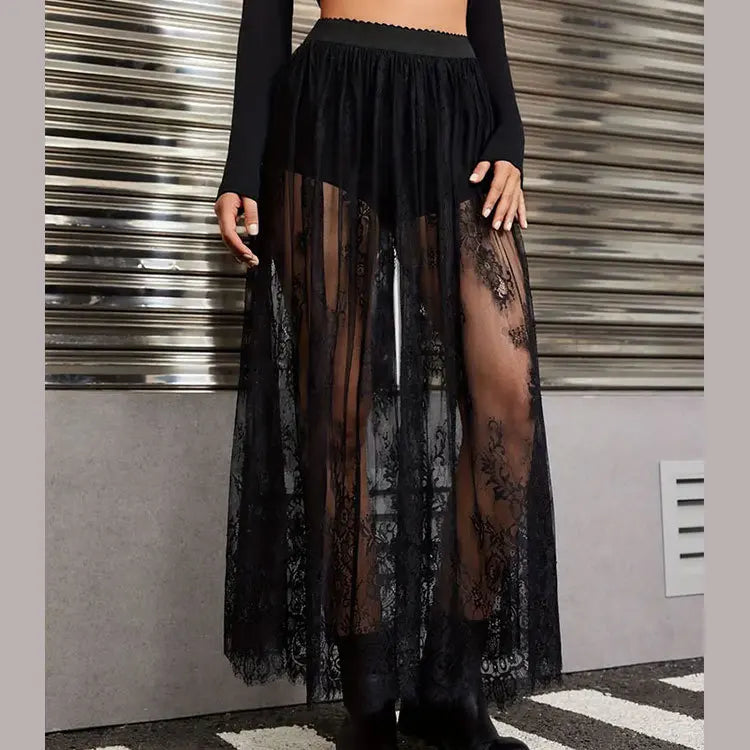 Sexy Solid Color See Through Lace Patchwork Skirt Women Fashion Trendy Chic Y2k Style Skirts Summer Streetwear Female Clothing