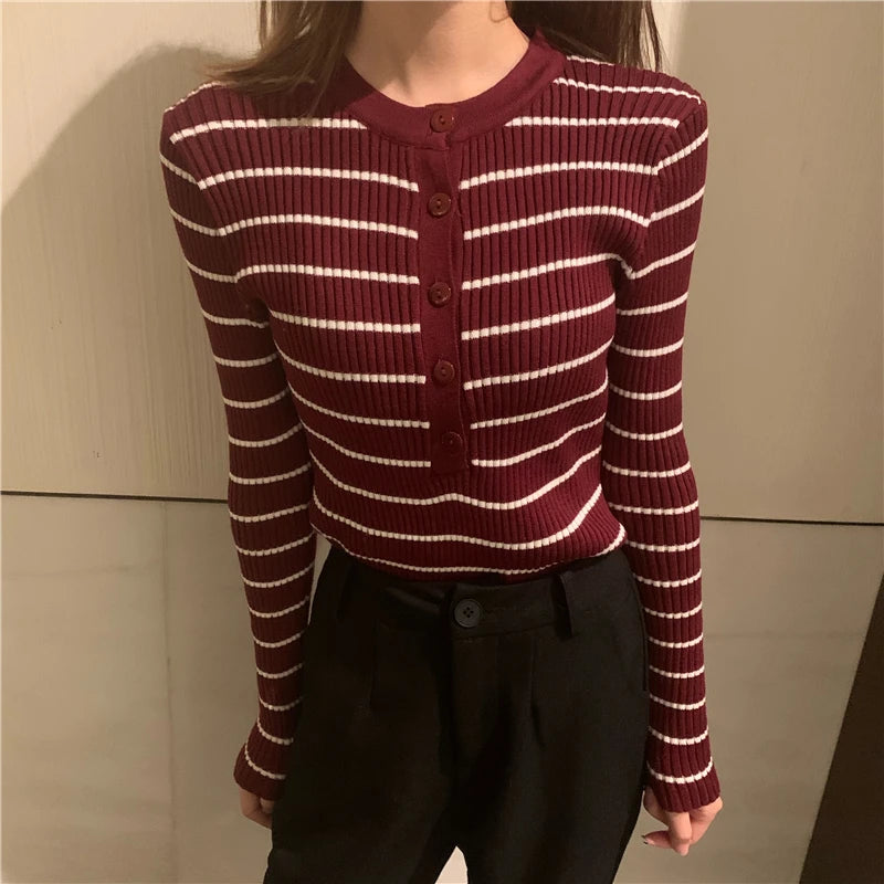 ITOOLIN Women Stripes O-neck Buttoned Up Sweaters Long Sleeve Knitted Sweater Slim Women Jumpers Tops Autumn Winter One Size