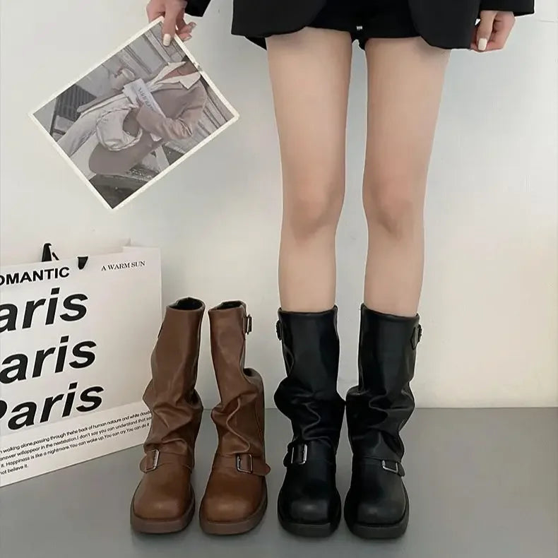 Pleated Buckle Knight Boots for Women Autumn Brown PU Leather Mid Calf Boots Woman Slip-On Thick Heel Riding 2024