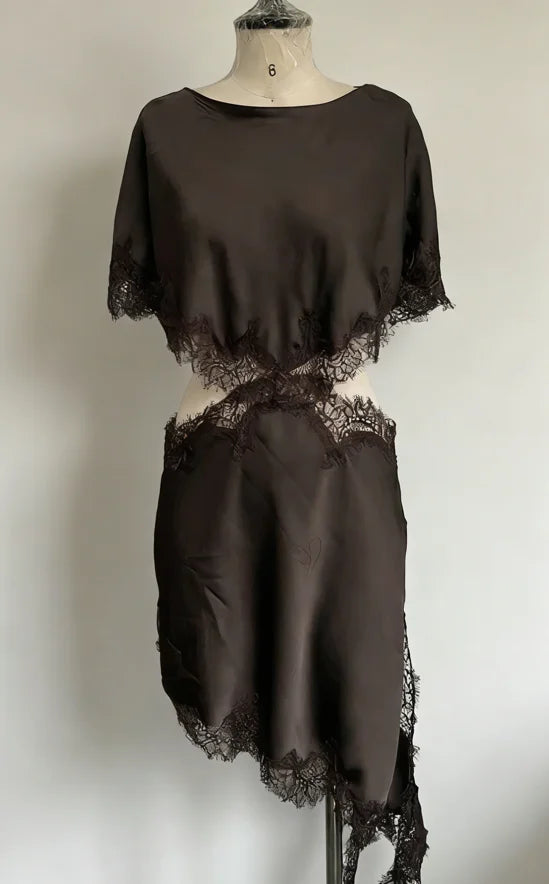 Women Vintage Elegance Knee-length Skirt Lace Edged O-neck Exposed Waist Brown Dress 2025 New Lady Party Club Fashion Clothing