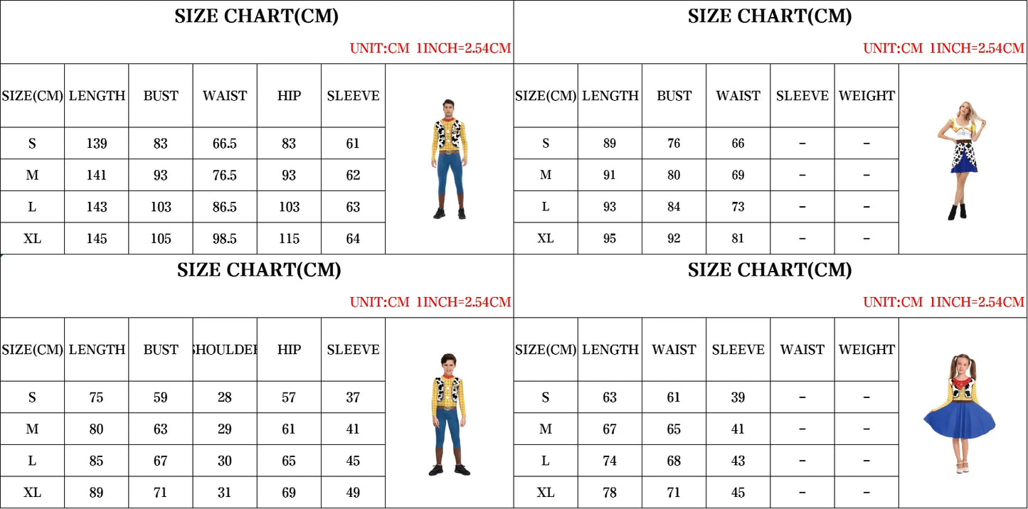 Woody Cosplay Costume Men Boys Jumpsuit Halloween Family Matching Outfits Carnival Party Cowboy Jessie Women Fancy Dress
