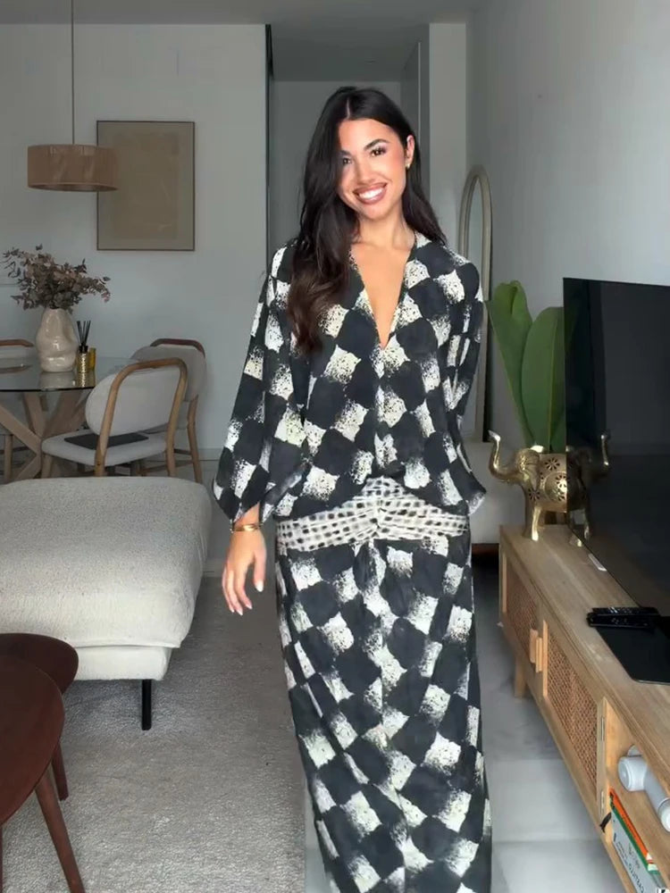 Elegant Plaid Printed Women's Dress V-neck Batwing Sleeve Waist Cinching Long Dress 2026 Spring Summer Casual Holiday Lady Robes