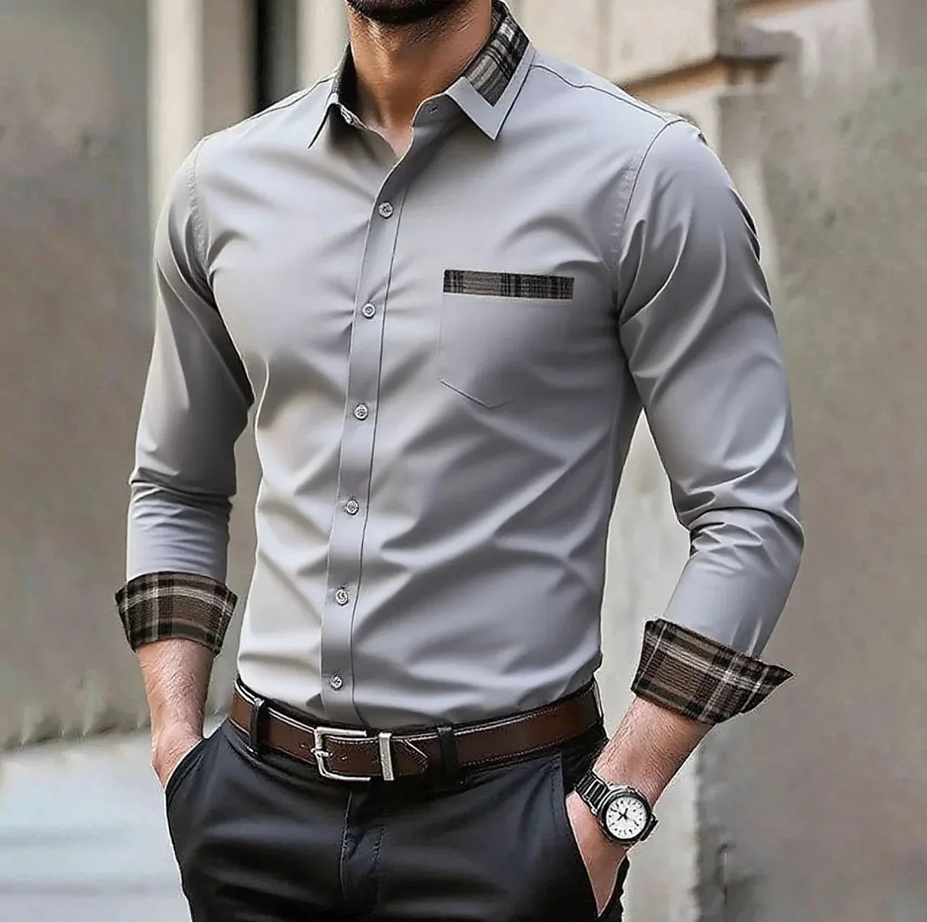 Men's pocket casual formal shirt, available in 12 colors, stylish and comfortable long sleeved shirt, suitable for weddings and