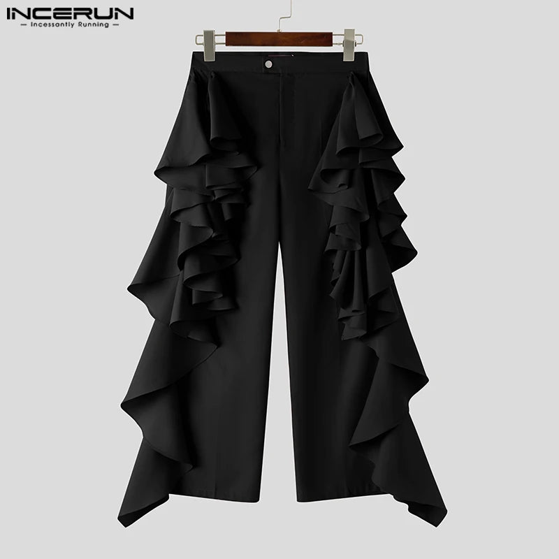 INCERUN 2025 American Style Trousers Fashion New Men Double-layer Flounce Pants Male Casual Solid Color Wide Leg Pantalons S-5XL