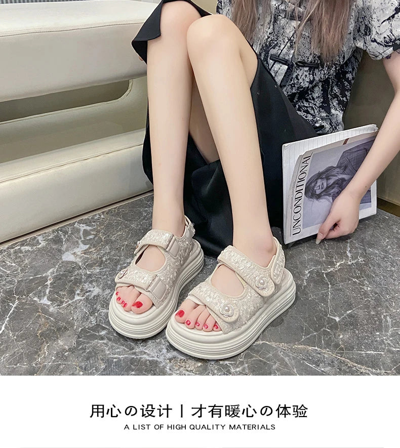 Women's Platform Sandals Handmade Leather Rubber Bottom Flat Sandals Metal Decorative Element Summer Casual Ladies Outdoor Shoes