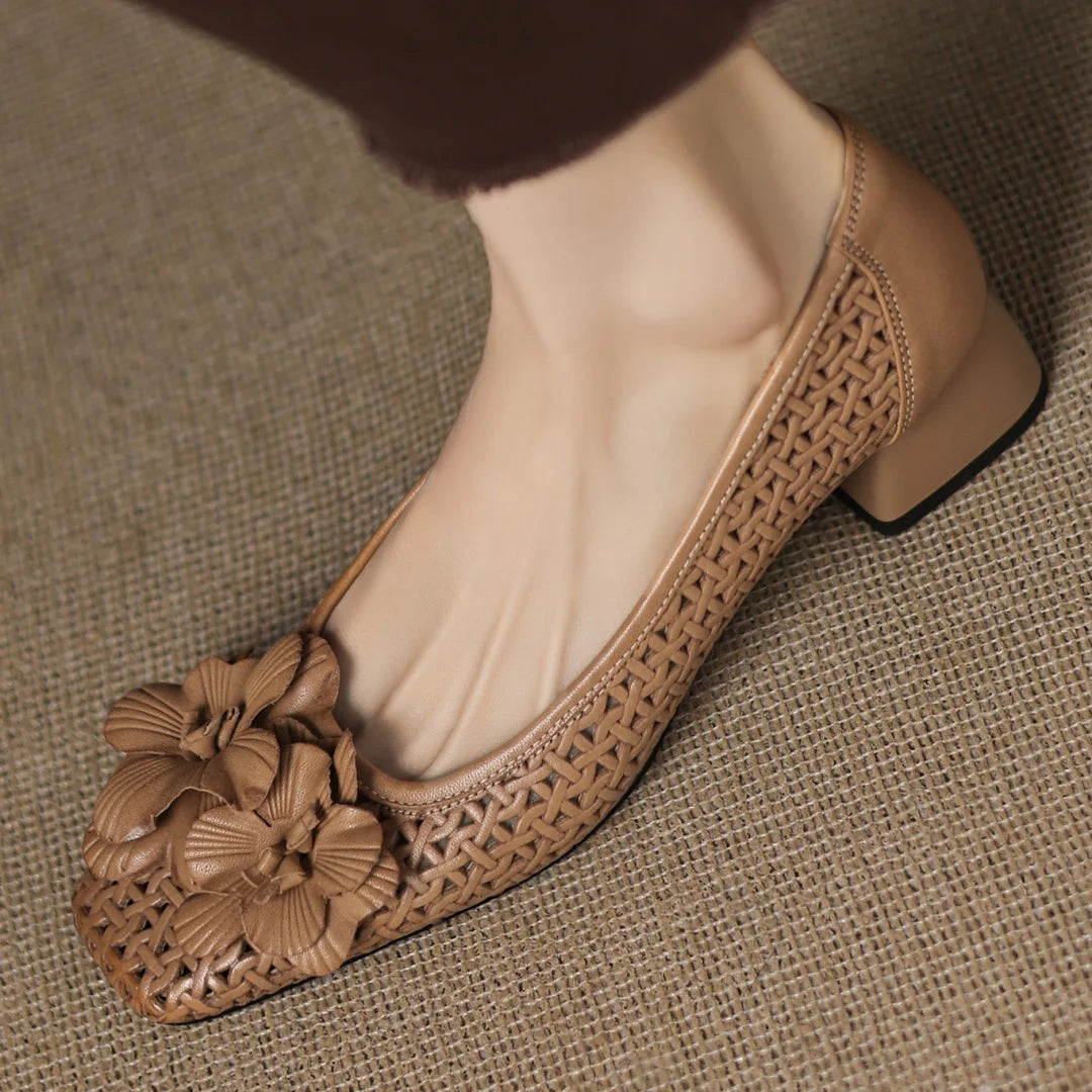 Plus size 41 women's hollow-out sheepskin square toe slip-on pumps 4cm thick med heel elegant ladies flower summer heels sandals