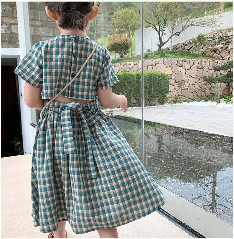 Summer Casual Baby and Girls Cotton Plaid Single-Breasted Short-Sleeved Lace Up Back Dress Kids Lovely Outfit Clothing 2-8 Years