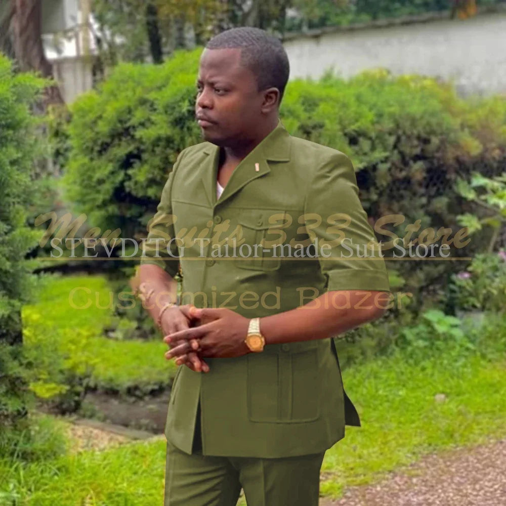 Safari Men Suits with Short Sleeve 2 Pieces Single Breasted Stand Notch Lapel African Fashion Style Set Jacket Pants