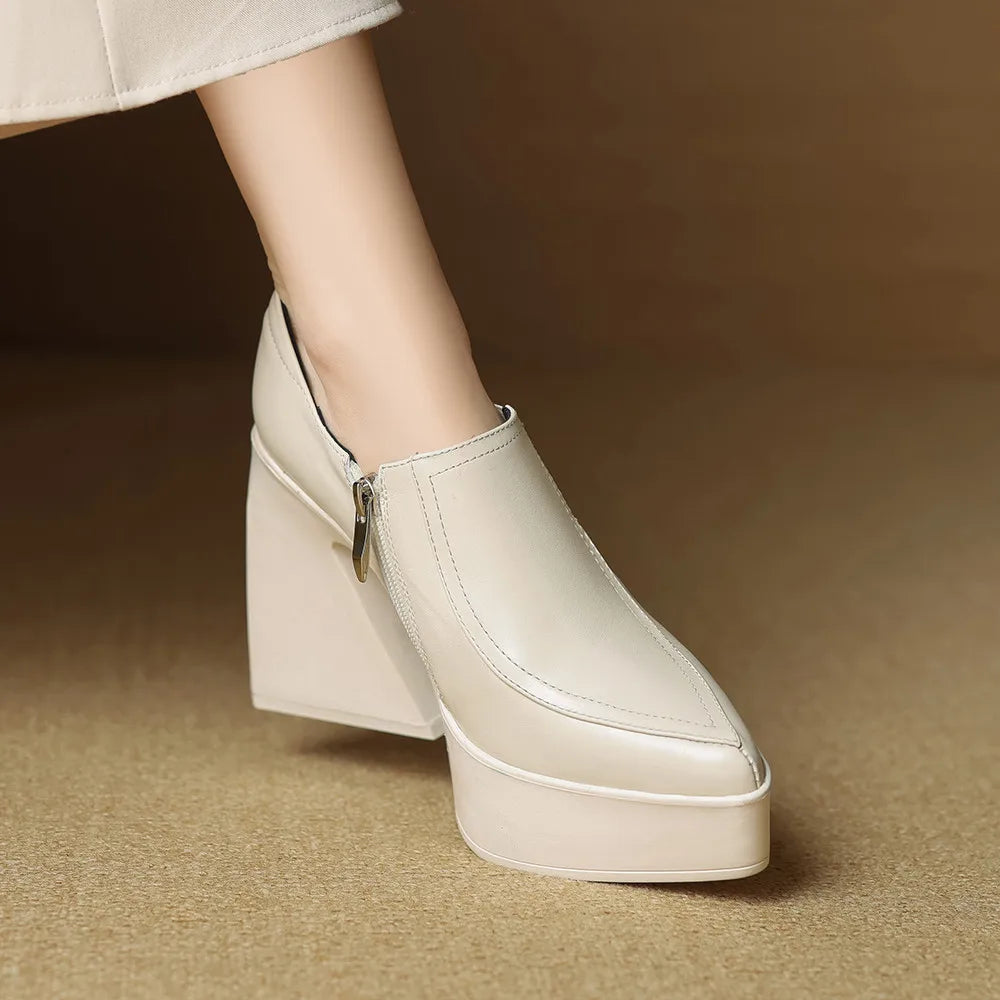 Aucegi New Spring Autumn Women Genuine Leather Pumps Classic Style Pointed Toe Platform Chunky Heel Retro Zipper Handmade Shoes