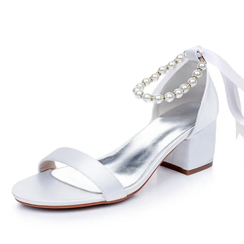 String Bead Sandals for Women Summer Peep Toe Sandals Ladies Fashion Ribbon Bow Thick High Heels Sexy Wedges Wedding Shoes 35-43