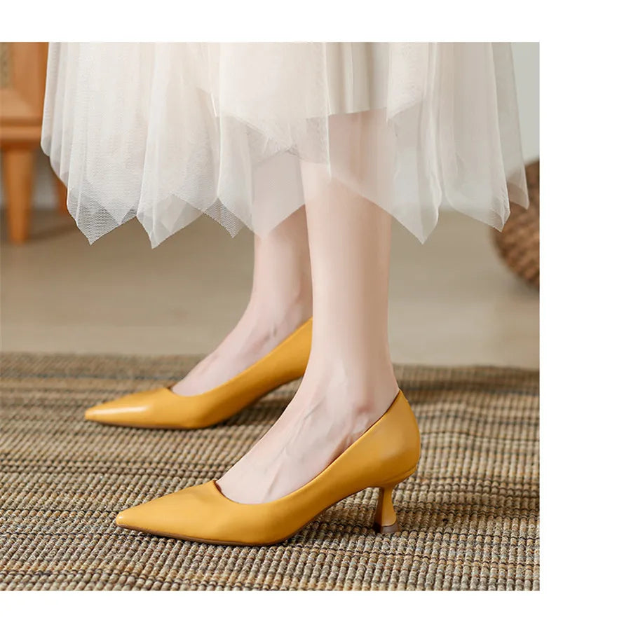 Soft Leather Concise Ladies Office Shoes 2026 Spring Shallow Comfort 6.0cm High Heels Women Pumps Dress Pointy Toe Wedding Shoes