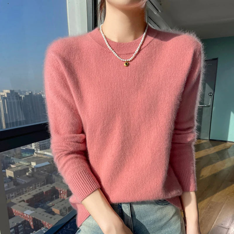 Autumn and winter women's semi high neck pullover sweater solid color knitted slim fit women's 100 mink cashmere sweater new sty