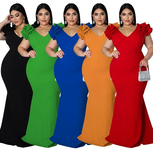 Plus Size African Ethnic Costume Sexy Ruffle Sleeve Wrap Hip Backless Dresses Elegant New Year Dress Women Dinner Party