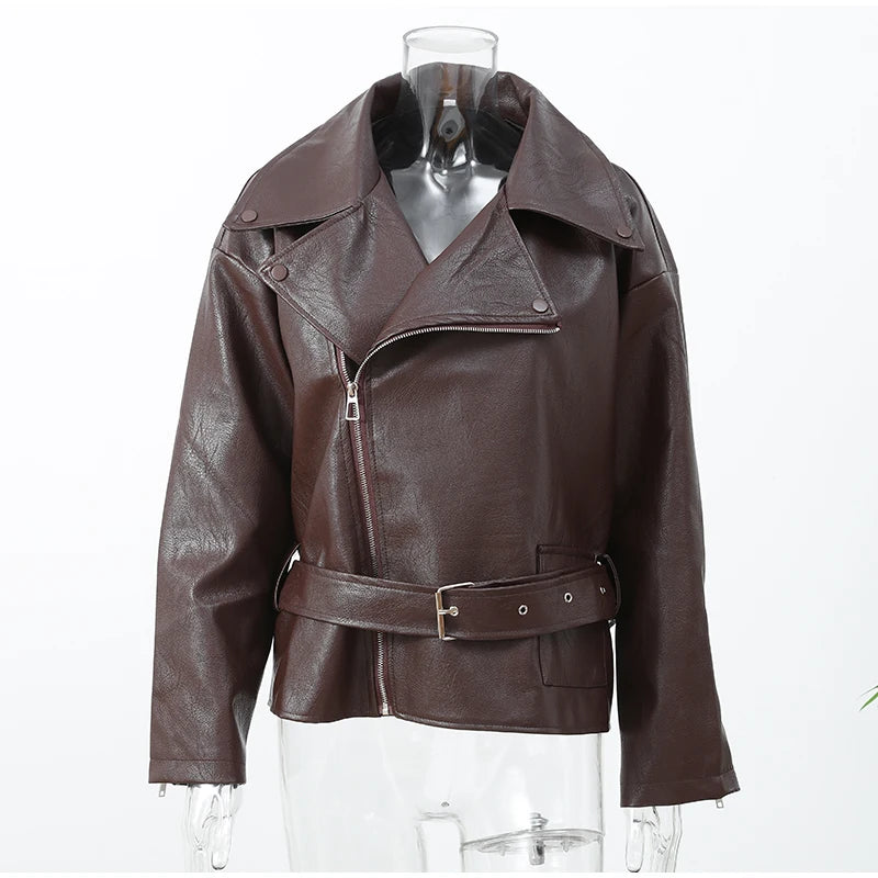 Casual Dark Red  Zipper Leather Short Jackets Women Long Sleeve Lace Up Lapel Loose Button Coat Lady Daily High Street Wear 2026