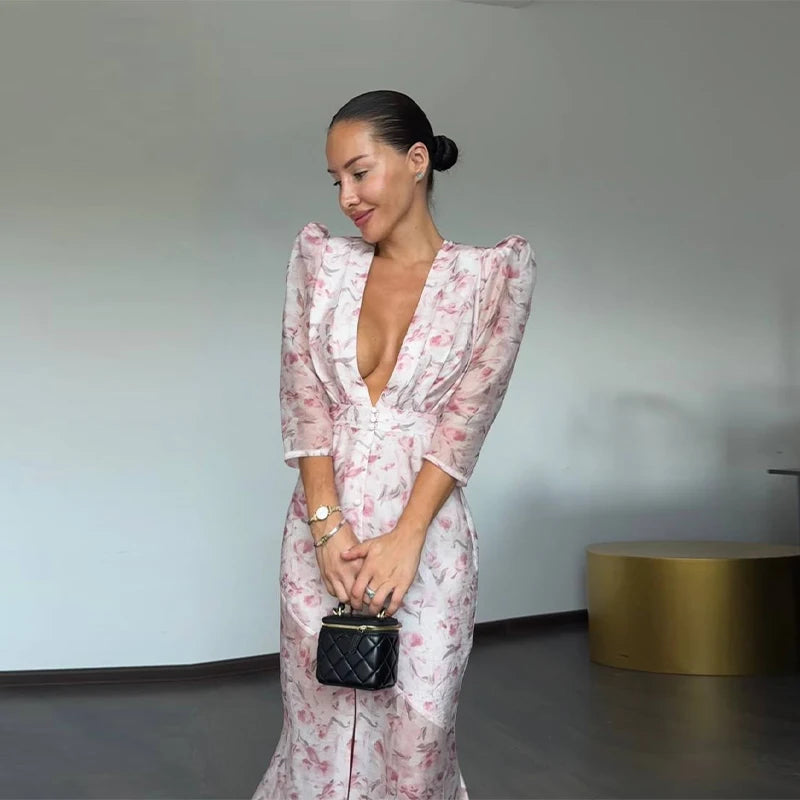 Sexy Printed Flower Long Women's Dress Sleeveless Waist-Closed Slash Neck Lady Dresses Summer Sling Vacation Holiday Robe