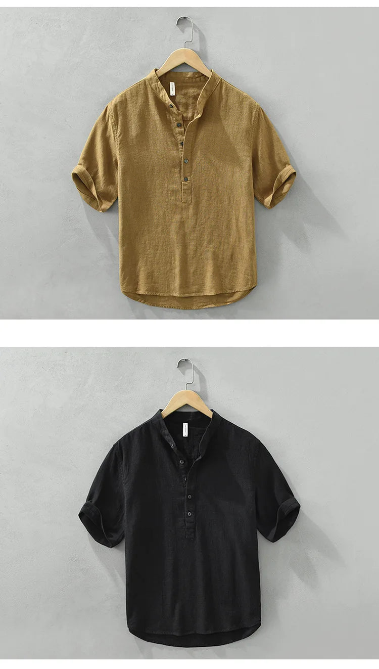 Summer New Linen Cotton Casual Pullover Shirt for Men Clothing Vintage Short Sleeve Streetwear C2559