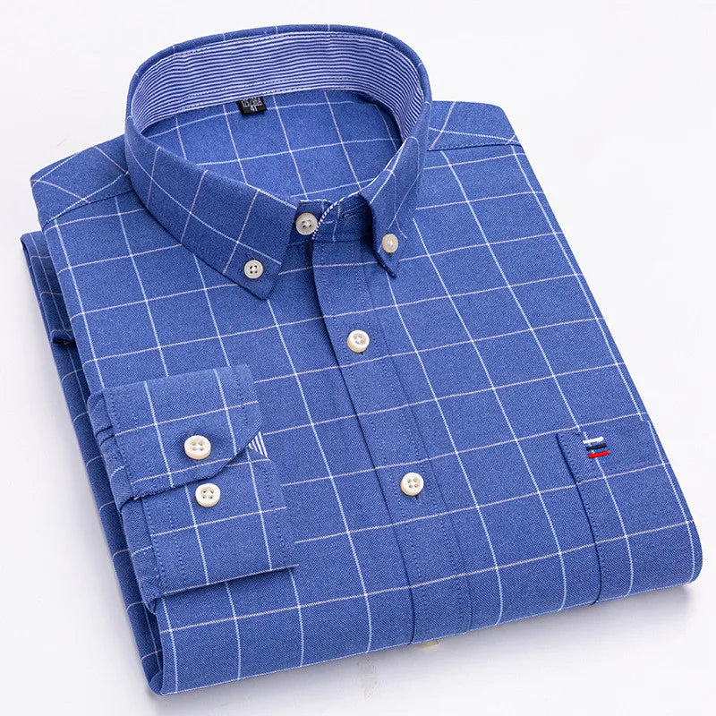 Men's Classic Plaid Oxford Long Sleeve Shirts Pocket 100% Cotton Business Casual Formal Standard Fit Workwear Button Down Shirts