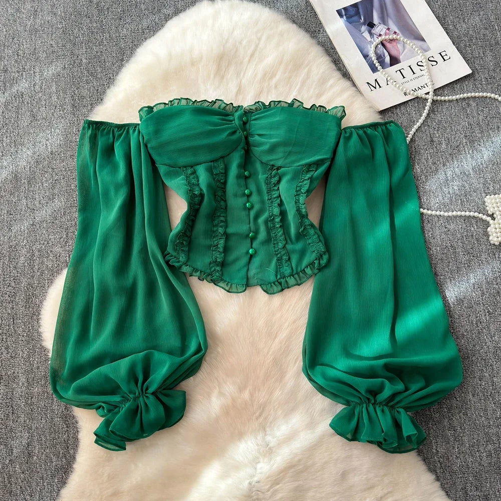 Chiffon Blouse for Women Slash Neck Off Shoulder Solid Color Camisas Ruffles Folds Backless Summer Blusas De Mujer Chic Dropship