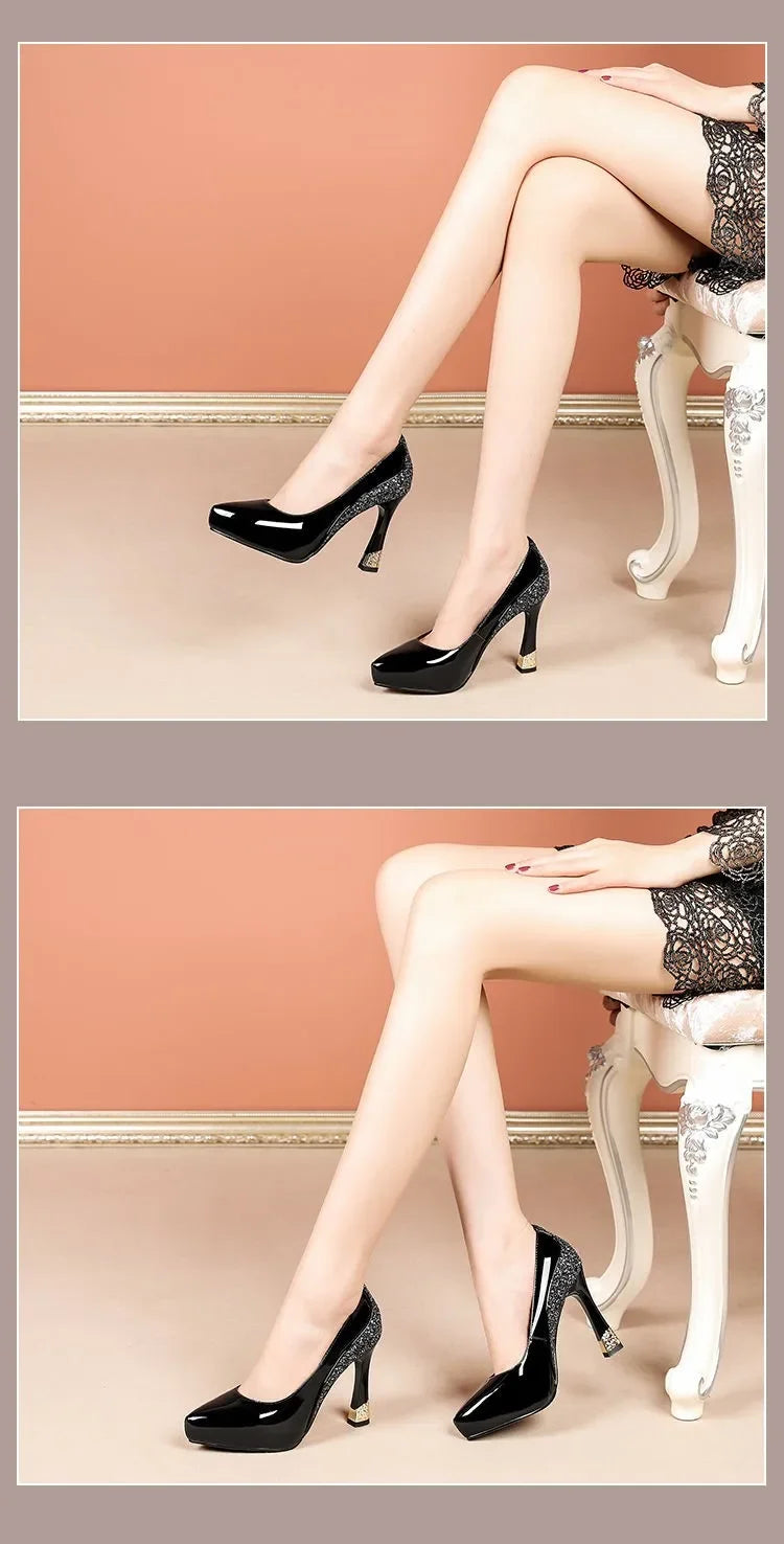 2025 Spring New Pointed Shallow Patent Leather High Heels Fashion Elegant Shoes for Women Thin Heel Platform Work Pumps Zapatos
