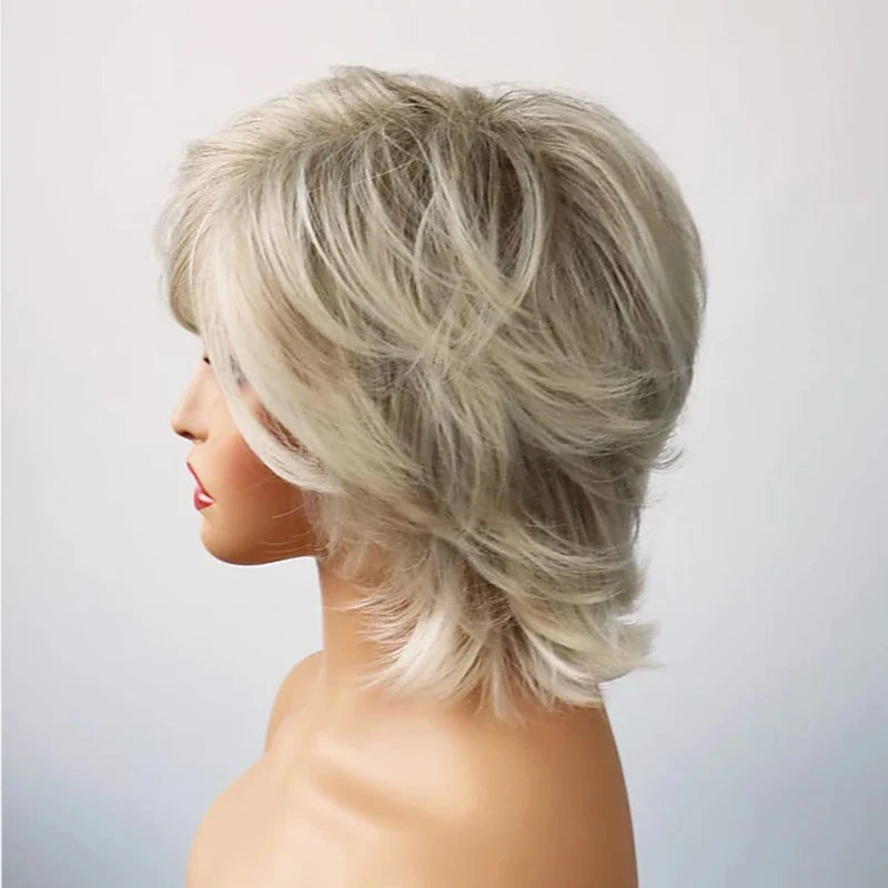 HAIRJOY Synthetic Hair Short Curly Brown Mixed Blonde Highlight Wigs with Bangs for White Women