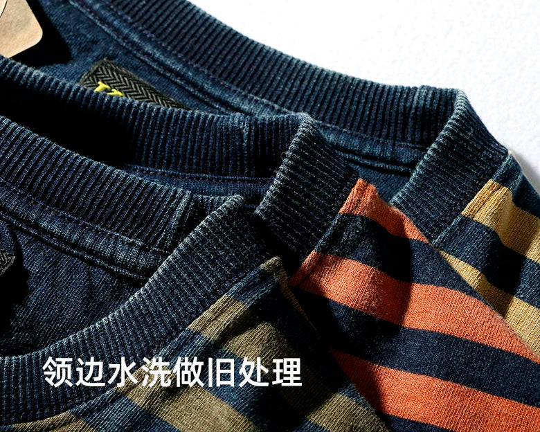 Striped T-shirt Men's Short Sleeve New Pure Cotton Slim Trend Simple Joker Round Neck Old Washed Short Sleeve T-shirt