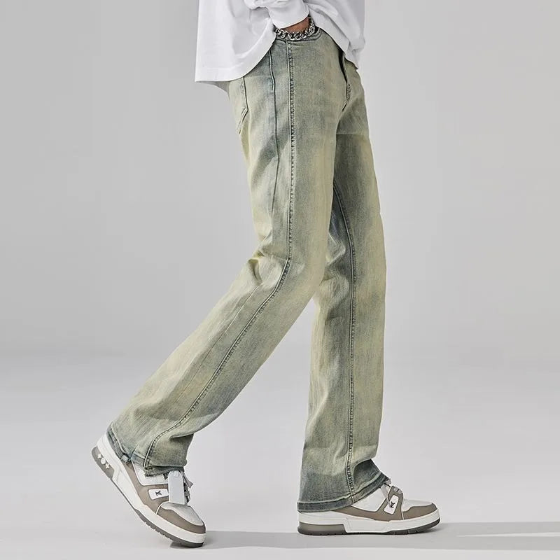 2026 New Mens Fashion Retro High Street Jeans Spring Summer Loose Casual Straight Leg Micro Flared Long Trousers Male Streetwear