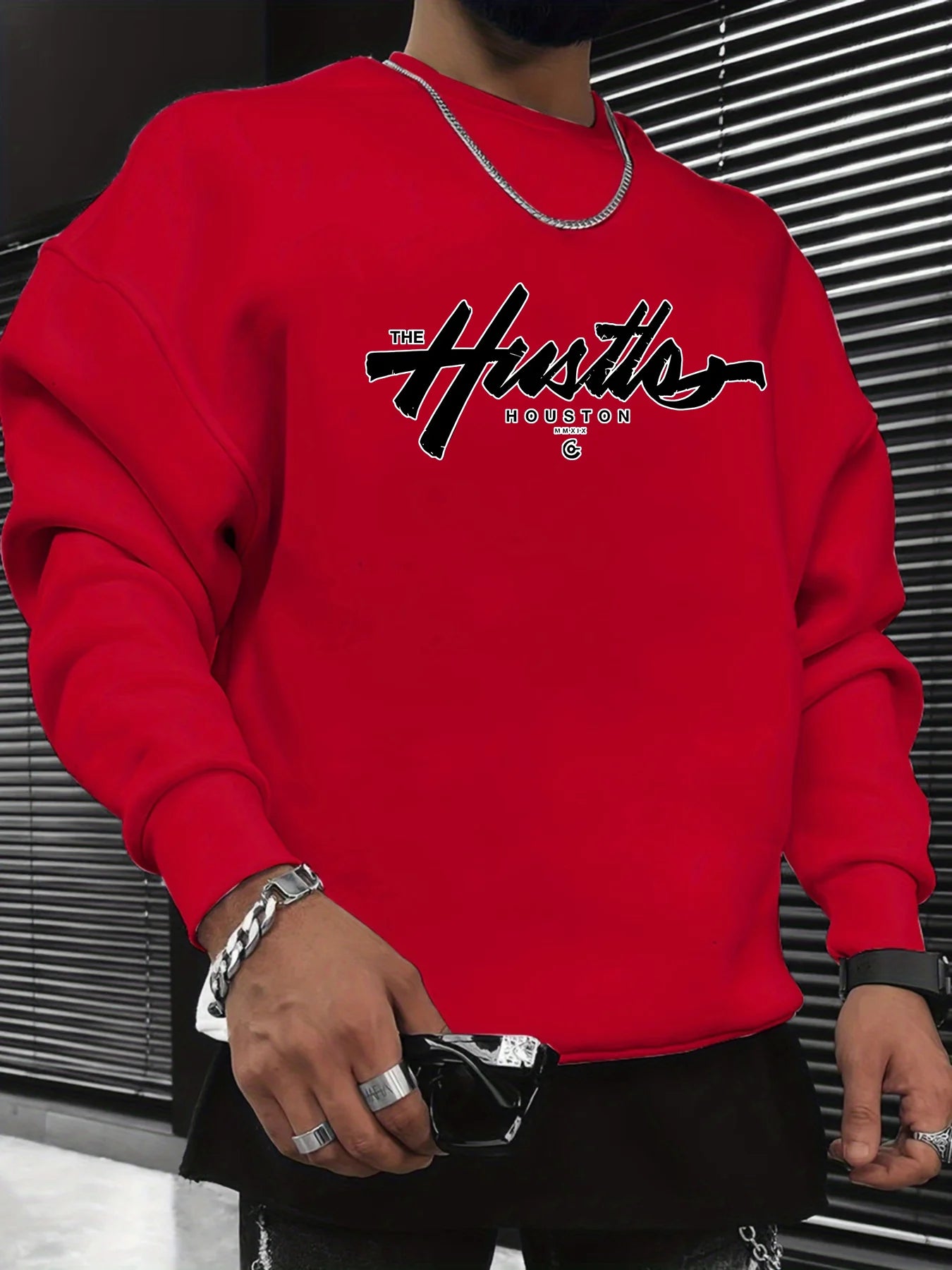 Men's autumn and winter fashionable casual loose Houston letter graphic printed long sleeved round neck sweatshirt