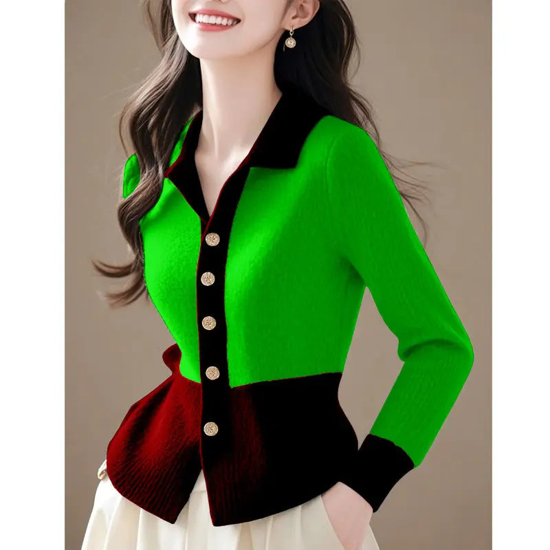 2024 Patchwork New Autumn Winter Polo Knitting Cardigan Sweater Coat Fashion All-match Long Sleeve Temperament Top Tee Women's
