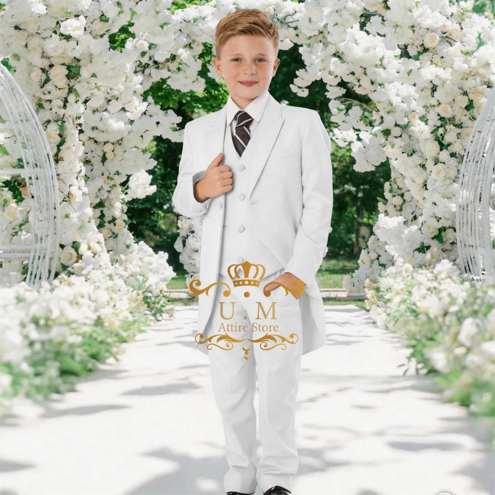 Custom Boys' 3-Piece Tuxedo Set Long Jacket Black Vest Pants Slim Fit Suit for Wedding Birthday Party Children Performances