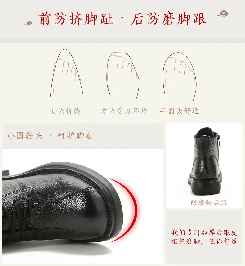 Xiuteng Autumn New Cowhide Mid-Heel Soft-Soled Women's Short Boots Retro Casual Leather  Boots Warm Women's Cotton Shoes