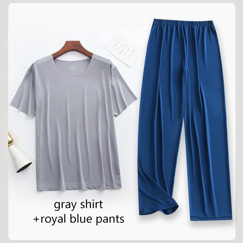 2Pcs/set Mens Ice Silk Short Sleeves T-Shirt & Long Pants Cool Thin Sleepwear Male Summer Pyjamas Home Clothing Nightwear Suit