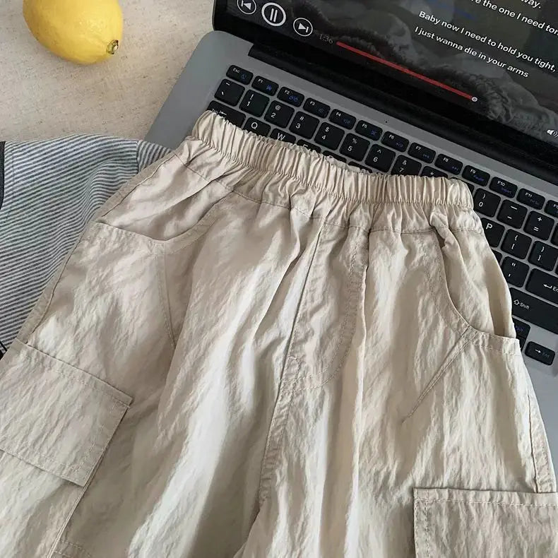 Kids Casual Cargo Shorts Loose Fit Solid Color Multi-Pocket Trousers