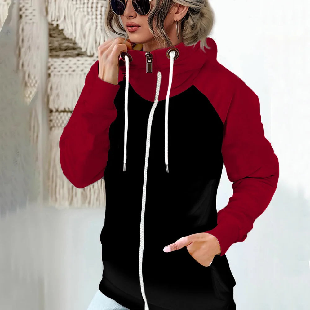2025 Autumn Winter Women's High-neck Sweatshirt Casual Pocket Pile Collar Fleece Zipper Cardigan Color-blocking Velvet Coat