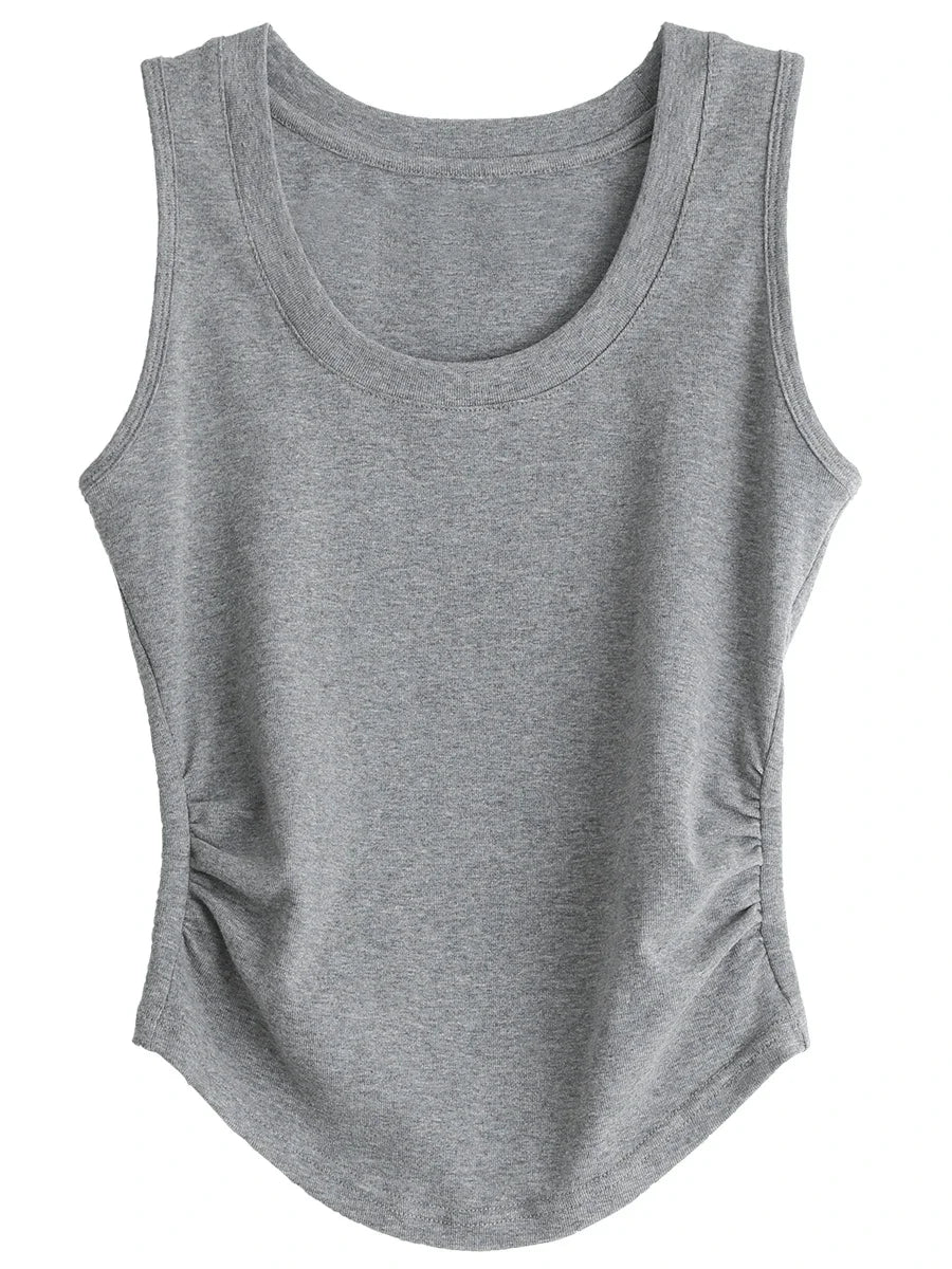 CHIC VEN Women Tanks New Solid Color Tees U-neck Pleated Vest Suspender Sleeveless Slim Female Top Spring Summer 2024